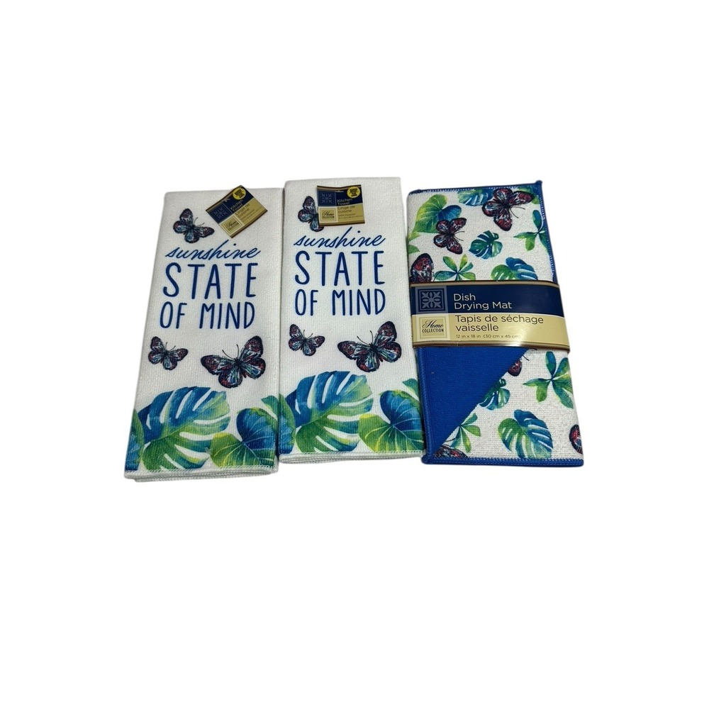 home collection 2 kitchen hand towels with 1 dish drying mat blue butterflies‎